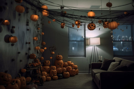 Generative AI : interior of the house decorated for Halloween pumpkins webs and spidersの素材