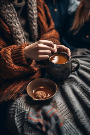 Generative AI : happy loving couple drinking cocoa on a winter morning in bedの素材