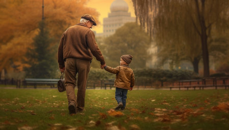 Generative AI : happy family grandfather and grandson hug on autumn walk in parkの素材