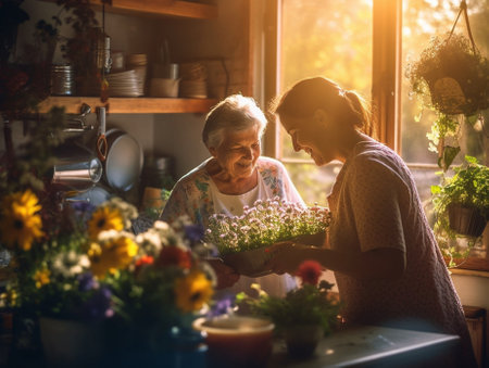 Generative AI : Cheerful granny and smiling granddaughter transplanting spring flower in pot while sitting together at table in kitchenの素材
