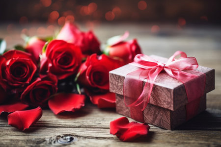 Generative AI : Background Valentines Day heart gift and roses on a wooden backgroundの素材