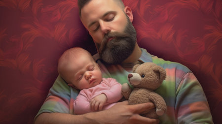 Generative AI : the Happy family father and child baby daughter sleeping in bedの素材