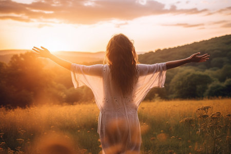 Generative AI : Happy woman standing with her back on the sunset in nature in summer with open handsの素材