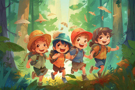 Generative AI : Happy excited school children with backpacks in casual clothes enjoying walk in forest on sunny autumn day five active kids boys and girls running and playing togetの素材