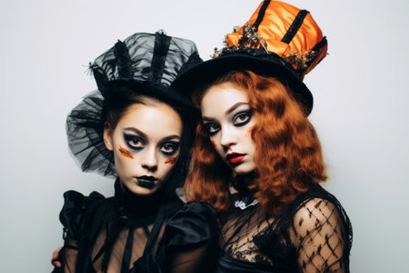 Generative AI : happy family mother and daughter in costumes for halloweenの素材