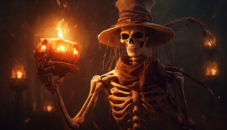 Generative AI : All hallows eve Man in skeleton costume and hat holding glowing jack o lantern carved pumpkin in front of his face standing behind table with Halloween decorationsの素材