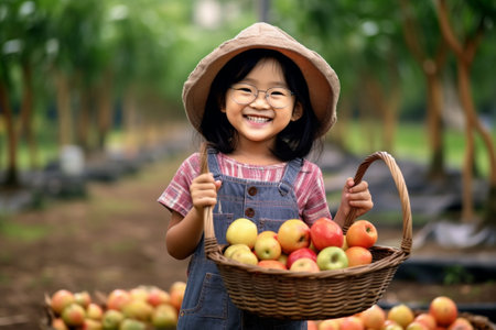 Generative AI : happy child girl with a basket of peaches on a wooden backgroundの素材