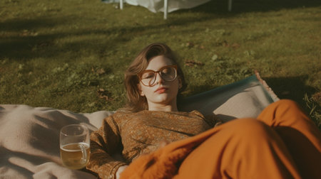 Generative AI : Portrait of adorable visionary hipster girl in casual striped outfit and glasses lying on blanket outside in park on sunny day with mobile and earphones listening mの素材