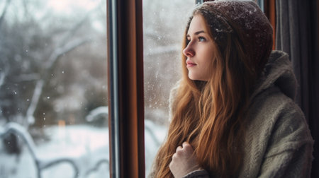 Generative AI : Pensive sad girl with a warming drink looking out the window in the winter forestの素材
