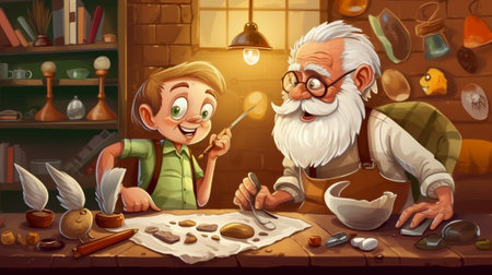 Generative AI : Happy family father and son sitting at table at home and painting eggs with gouache while preparing for Easter holidayの素材