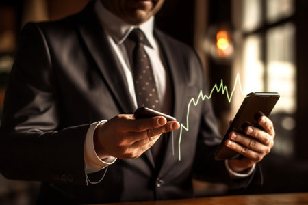 Generative AI : phone and a cup of coffee in the hands of a businessman stylish business still life in dark colorsの素材