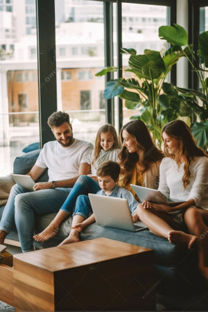 Generative AI : Back view of modern father and children sitting on sofa and listening to advice of medical practitioner while making video call to clinic at homeの素材