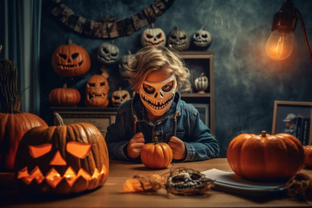 Generative AI : Portrait of cute kid boy making Halloween home decorations while sitting at wooden table child covers eyes with carved pumpkins and laughs merrilyの素材