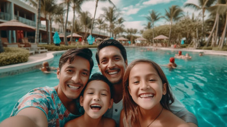 Generative AI : Laughing parents giving piggyback ride to cheerful children in vivid swimsuits smiling at camera standing on tropical shorelineの素材