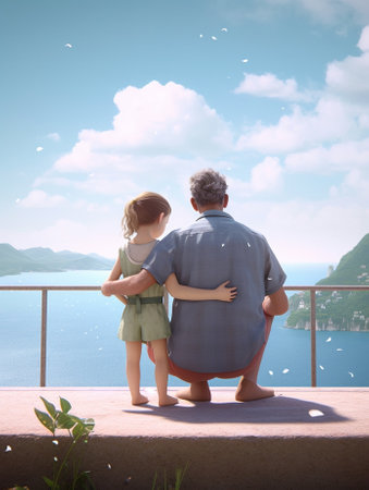 Generative AI : concept of family father and child daughter outdoors in summerの素材