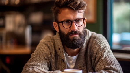Generative AI : Happy bearded male in casual wear and eyeglasses looking at camera while standing against table with disposable cup of coffee in hand and discussing business news oの素材