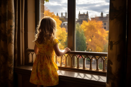 Generative AI : child girl with cup tea looking through the window at the beautiful nature autumn goldの素材