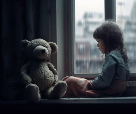 Generative AI : child little girl sitting by the window with a teddy bear and looking at the winter forestの素材