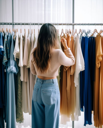 Generative AI : young woman chooses clothes in her wardrobeの素材