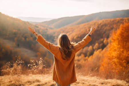 Generative AI : happy girl enjoying life and freedom in the autumn on the natureの素材