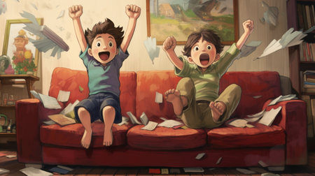 Generative AI : Full length of overjoyed little children brother and sister jumping on sofa laughing and having fun while playing together at home kids enjoying carefree leisure tiの素材