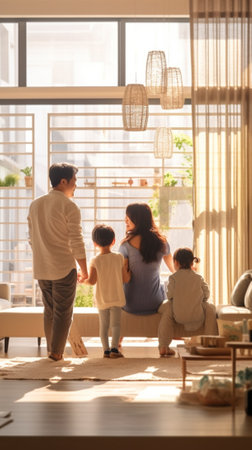 Generative AI : happy family mother father and children talk and enjoy society on floor at homeの素材