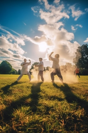 Generative AI : Happy family mother father children son and daughter jumping on nature on sunsetの素材