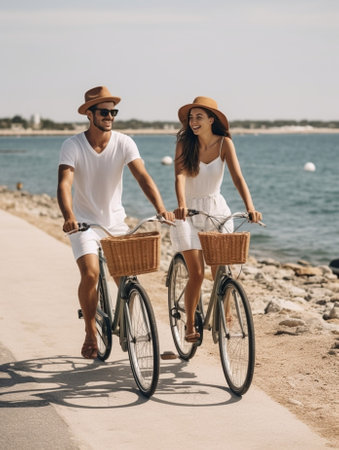 Generative AI : Full body of cheerful family young woman and little daughter in white summer dresses and hats smiling and looking at camera while riding bicycles on pier near seaの素材