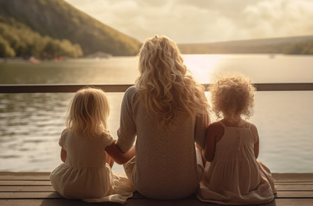 Generative AI : View back happy family in the summer outdoors Mother hug children daughters on sunsetの素材