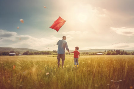 Generative AI : happy family father and child run on meadow with a kite in the summer on the natureの素材