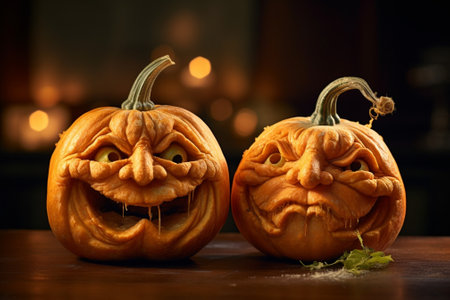 Generative AI : Cropped shot of man in apron with Halloween pumpkin monster in hands person showing at camera classic carven spooky jackolantern with big gaptoothed grin triangularの素材