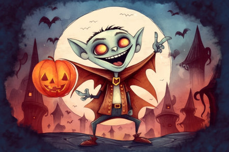 Generative AI : happy child boy in costumes of vampire in a dark red background in holiday Halloweenの素材