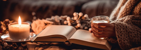 Generative AI : book and cup of coffee in hands of girl on winter autumn evening near fireplaceの素材