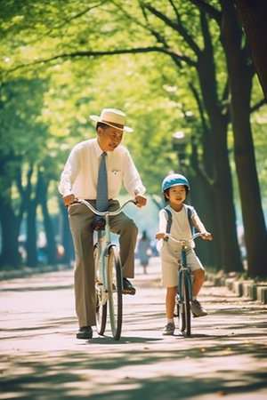 Generative AI : Happy family father puts on dson helmet for safe cycling in park in natureの素材