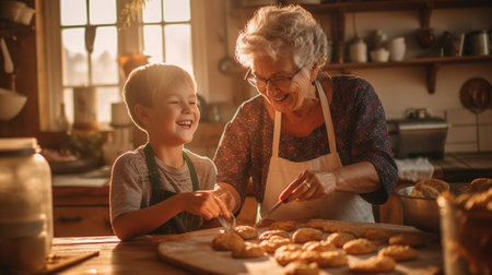 Generative AI : Elderly woman and little girl kneading dough while boy sitting on counter during pastry preparation in cozy kitchen at homeの素材