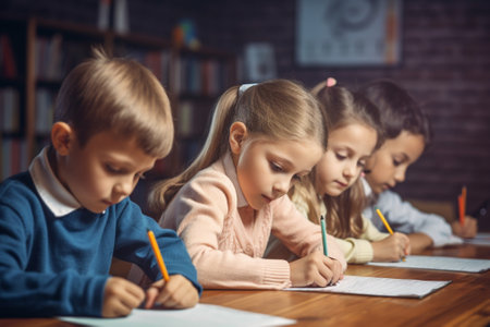 Generative AI : Smart kids pupils writing down data into notebook while communicating with classmates during lesson at school in daytimeの素材
