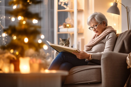 Generative AI : Senior woman talking with client on smartphone and writing in notepad while sitting on sofa and working on remote project at homeの素材