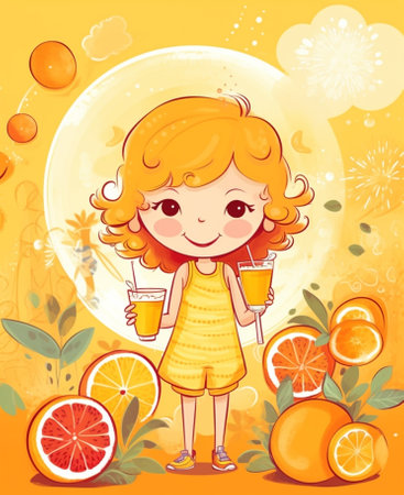 Generative AI : baby girl drinking orange juice in the summer outdoorsの素材