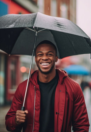 Generative AI : Cheerful african american boy in raincoat laughing and carrying yellow umbrella on shoulder on rainy day against red backgroundの素材