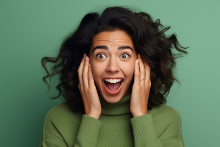 Generative AI : cheerful funny surprised young woman laughs in a green sweater with closed eyes holds a Christmas gifts on a colored yellow backgroundの素材