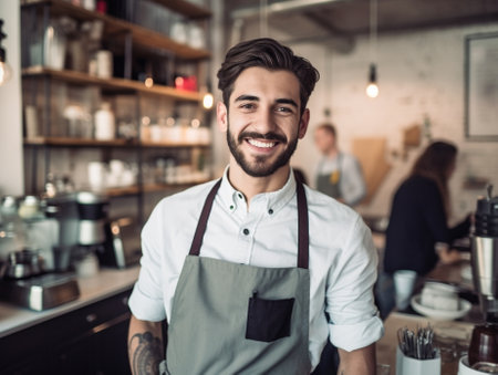 Generative AI : happy young man in apron with cup of takeaway coffee in hand talking on smartphone while leaning on workbench in modern workshopの素材