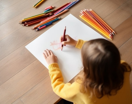 Generative AI : happy baby child draws with colored pencils crayonsの素材