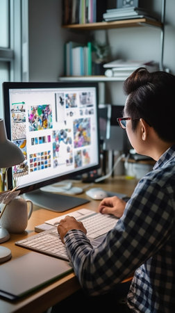 Generative AI : Side view of freelance male graphic designer sitting at table with large monitor and gadgets and relaxing after working hard on projectの素材
