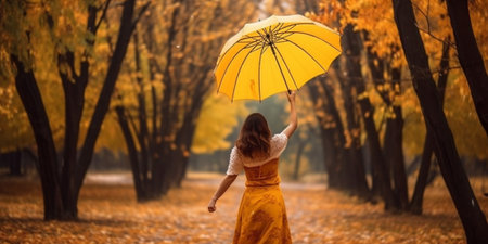Generative AI : Happy pregnant woman with colorful umbrella on autumn walk in natureの素材