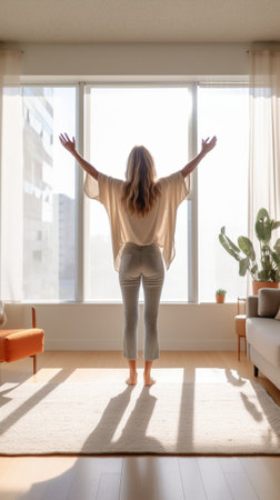Generative AI : Back view of anonymous woman in sleepwear raising arms and stretching body while sitting on bed in morning in light bedroomの素材