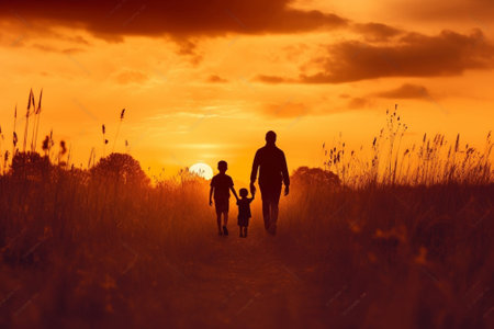 Generative AI : happy family father and children running in nature at sunsetの素材