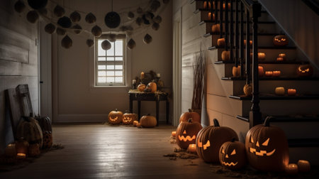 Generative AI : interior of home decorated for the holiday of Halloween with pumpkinsの素材