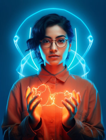 Generative AI : Young female in orange sweater and glasses gesturing Gyan mudra and closing eyes while meditating against blue backgroundの素材