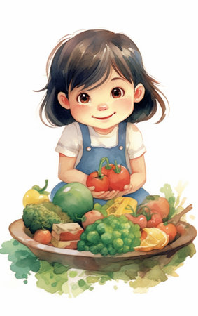 Generative AI : child girl does not like eat vegetablesの素材