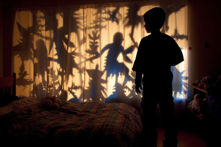 Generative AI : Merry Christmas family mother and children play shadow theater in bedの素材